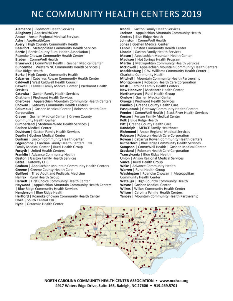 A PDF with a map of North Carolina containing a marker for each health center in the state. There is also a listing of which health centers sit in which counties. 