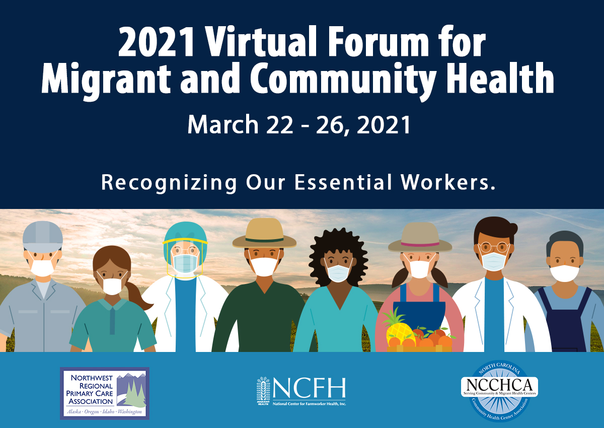 Promotional poster for Virtual forum for migrant and community health. Image of various people wearing masks and carrying fruit.